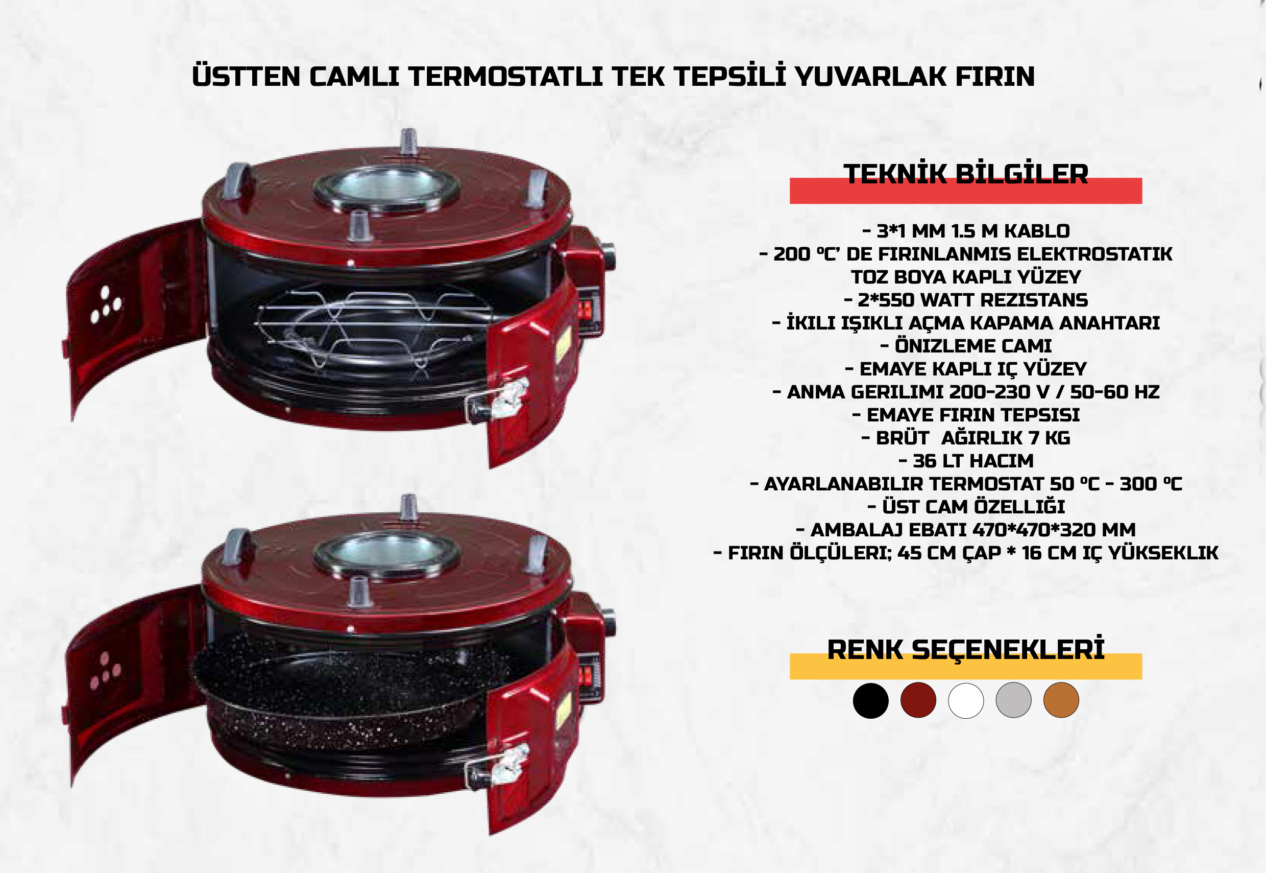 Üstten Camlı Term Tek Tepsİlİ Yuvarlak Fırın